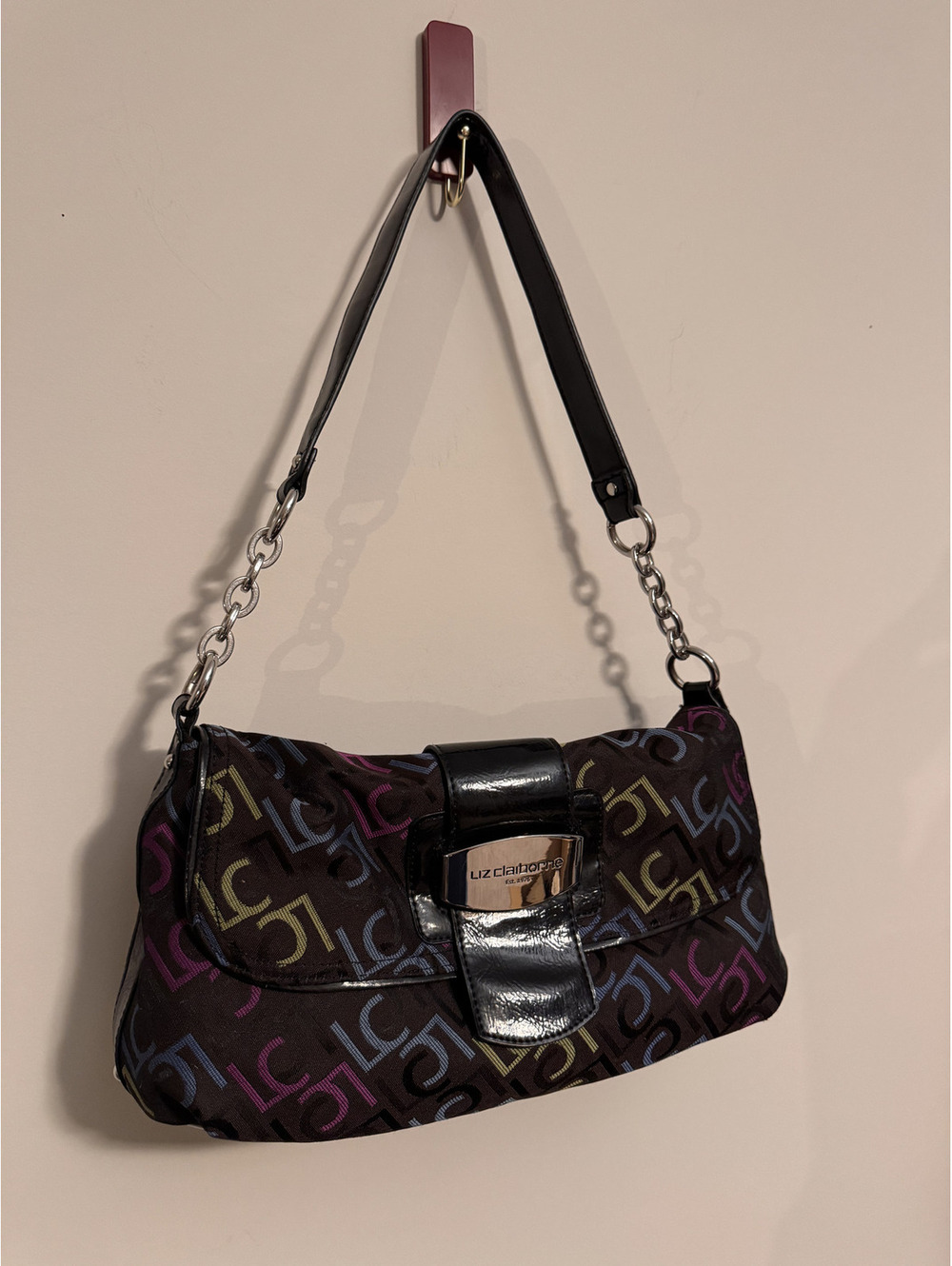 Liz Claiborne NWOT Y2K Baguette Shoulder Bag Black Multi-Color Logo Mini Bag